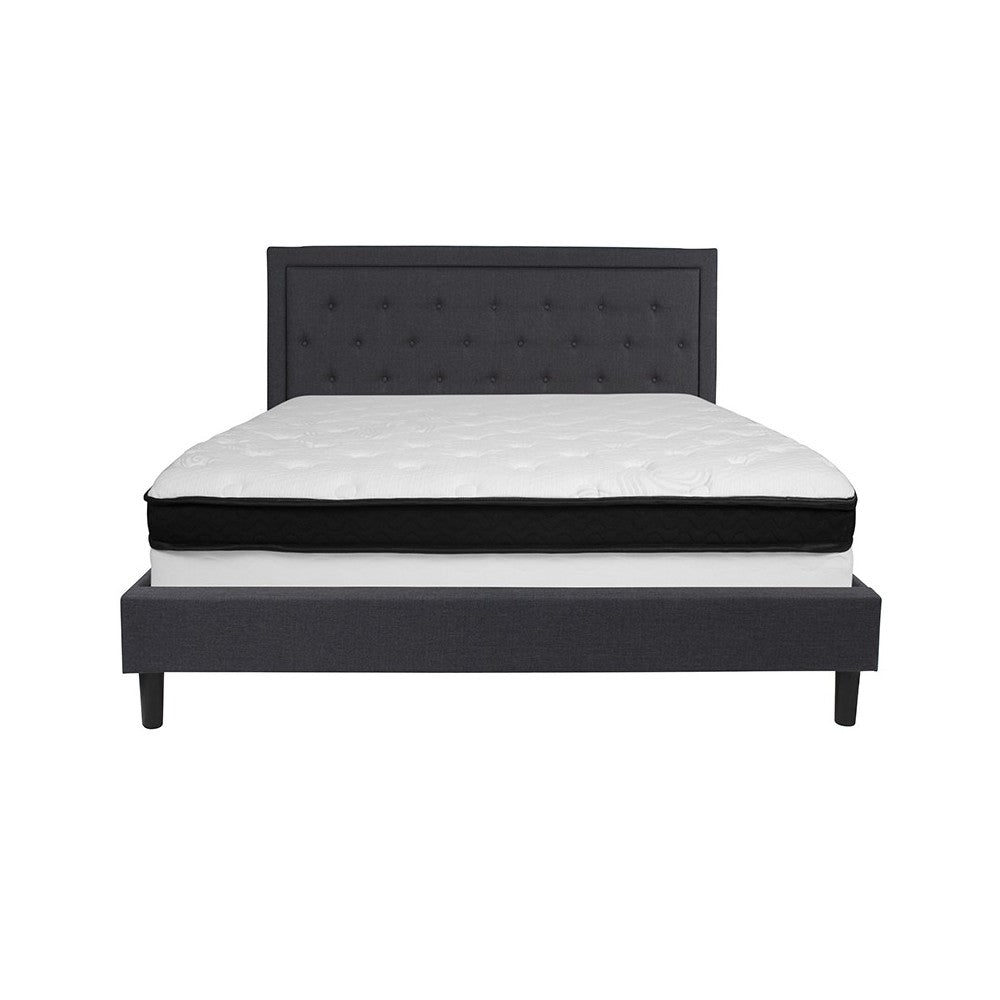 Roxbury King Size Tufted Upholstered Platform Bed in Dark Gray Fabric with Memory Foam Mattress