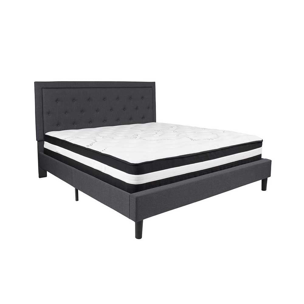 Roxbury King Size Tufted Upholstered Platform Bed in Dark Gray Fabric with Pocket Spring Mattress