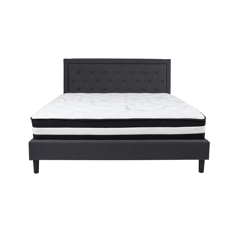 Roxbury King Size Tufted Upholstered Platform Bed in Dark Gray Fabric with Pocket Spring Mattress