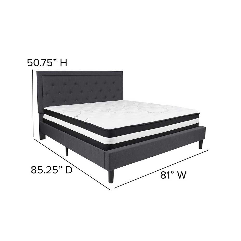 Roxbury King Size Tufted Upholstered Platform Bed in Dark Gray Fabric with Pocket Spring Mattress