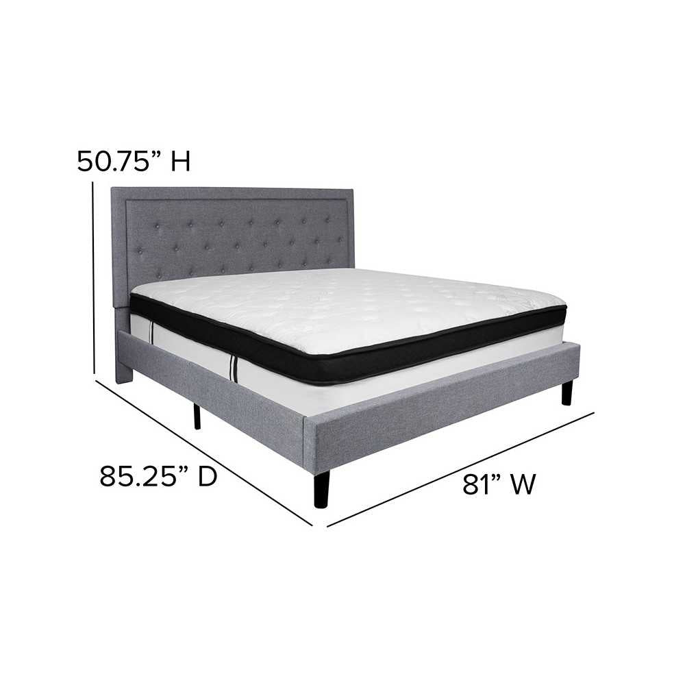 Roxbury King Size Tufted Upholstered Platform Bed in Light Gray Fabric with Memory Foam Mattress