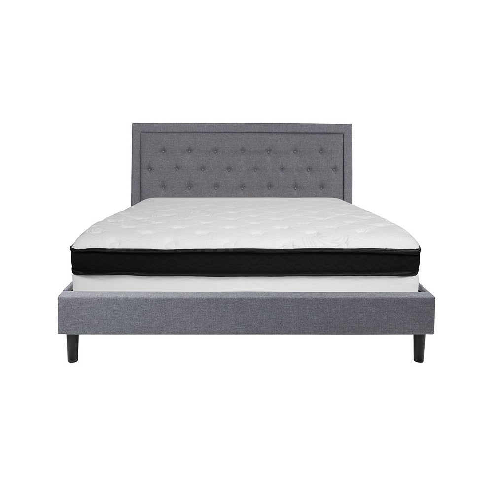 Roxbury King Size Tufted Upholstered Platform Bed in Light Gray Fabric with Memory Foam Mattress