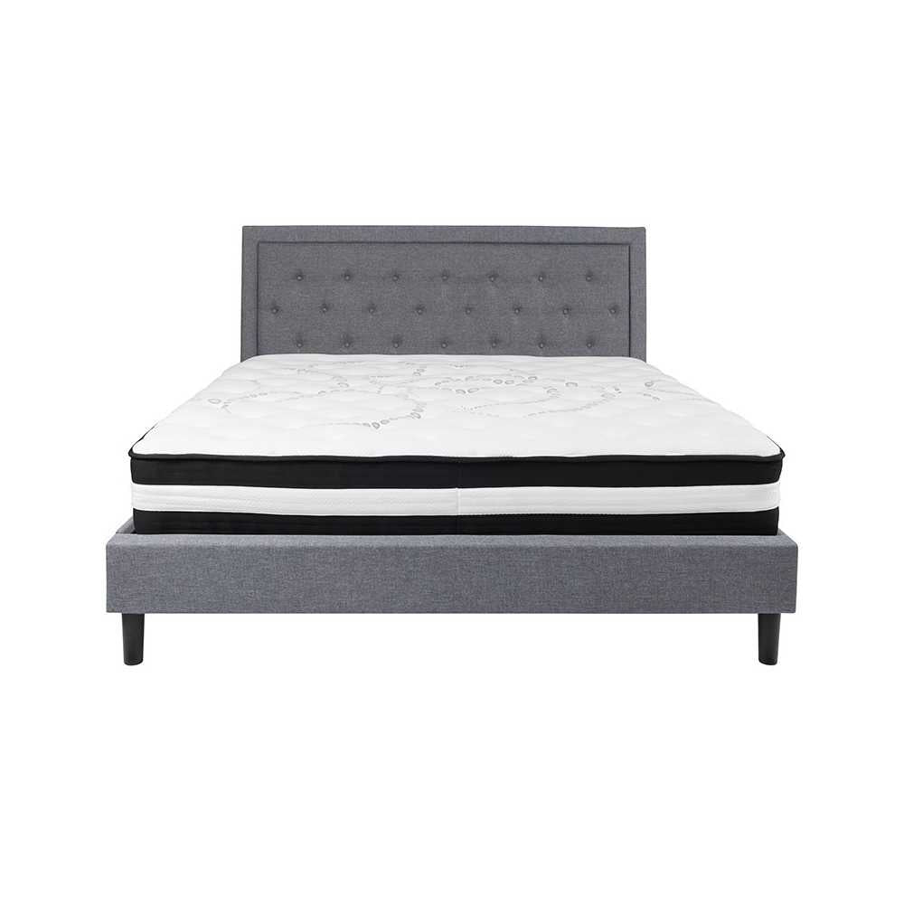 Roxbury King Size Tufted Upholstered Platform Bed in Light Gray Fabric with Pocket Spring Mattress