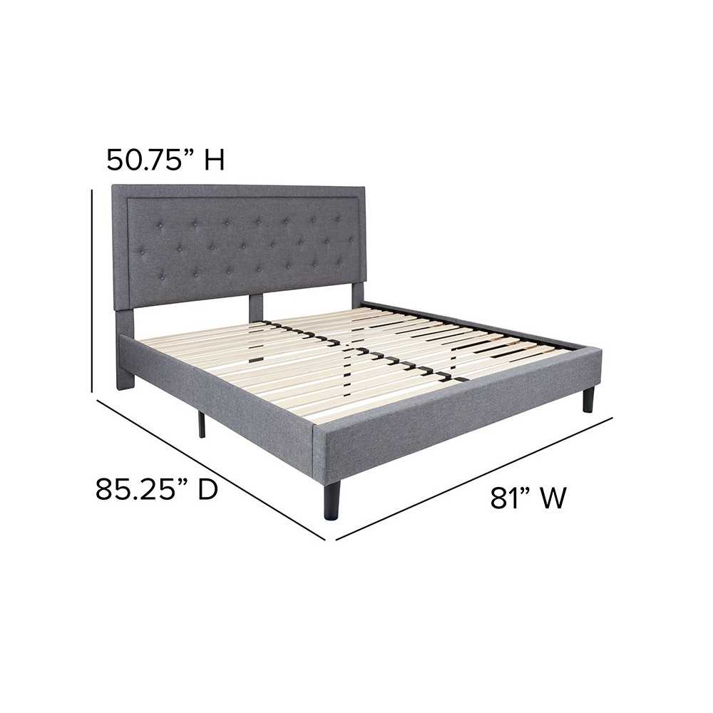 Roxbury King Size Tufted Upholstered Platform Bed in Light Gray Fabric