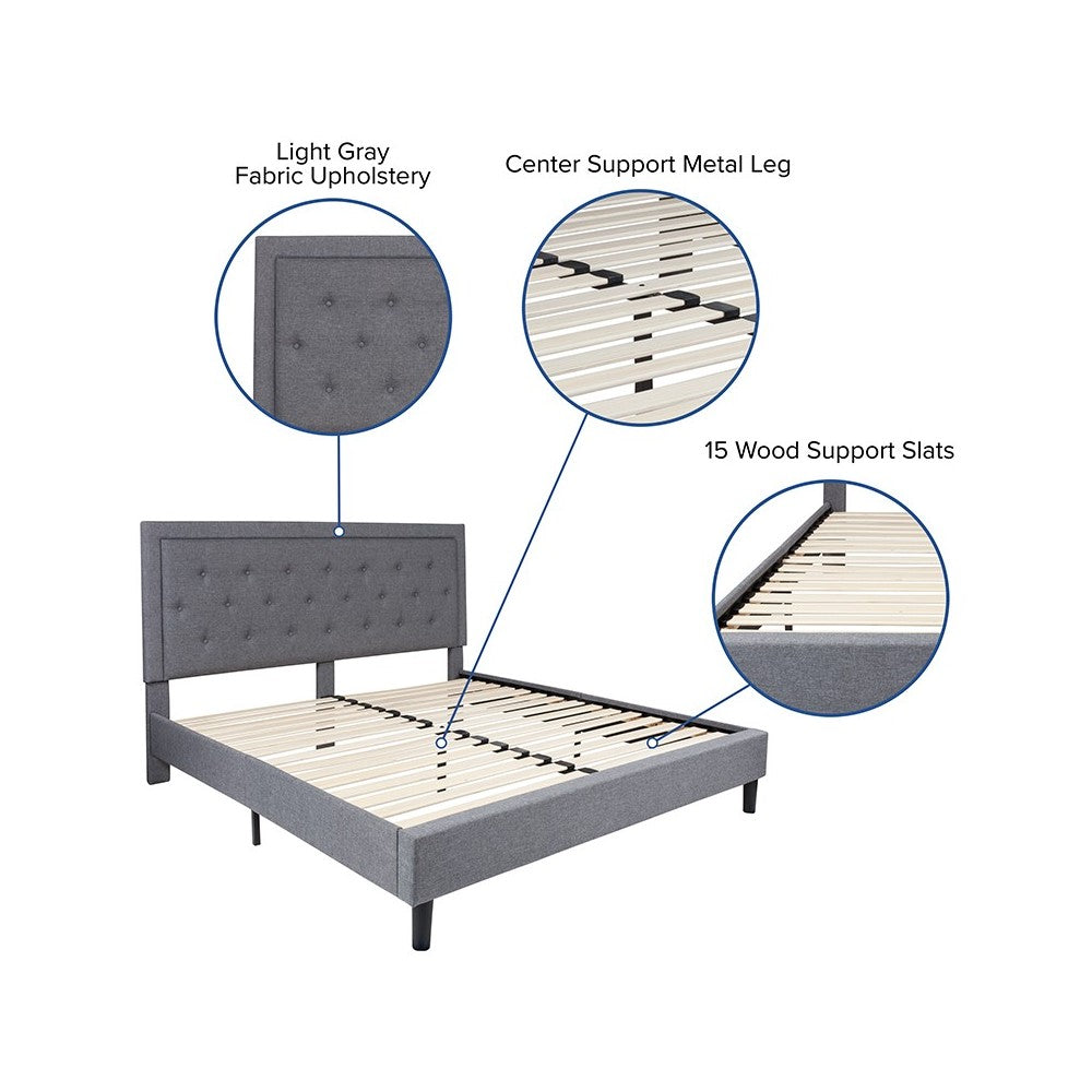 Roxbury King Size Tufted Upholstered Platform Bed in Light Gray Fabric