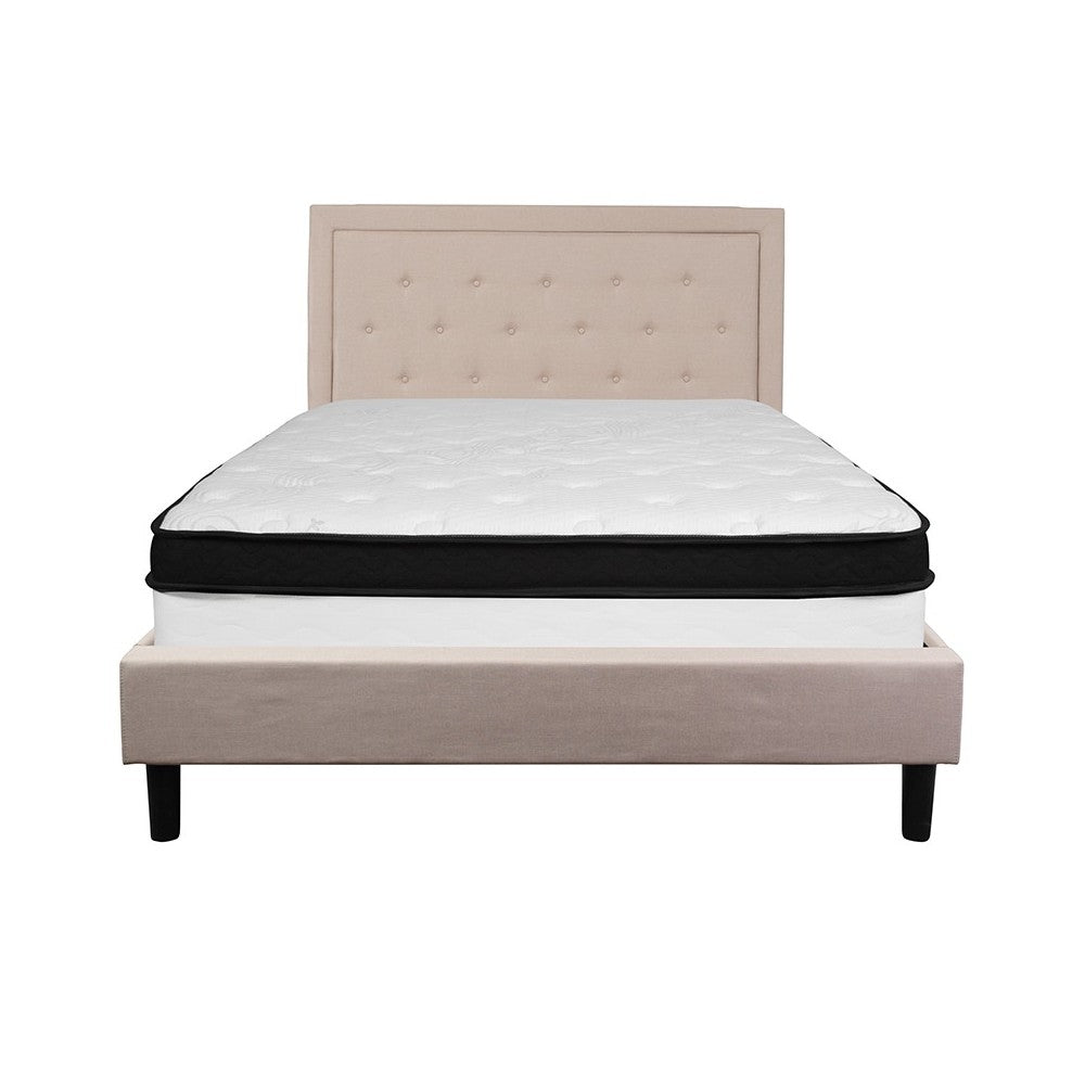 Roxbury Queen Size Tufted Upholstered Platform Bed in Beige Fabric with Memory Foam Mattress