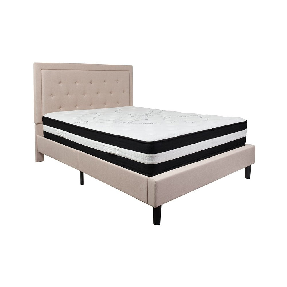 Roxbury Queen Size Tufted Upholstered Platform Bed in Beige Fabric with Pocket Spring Mattress