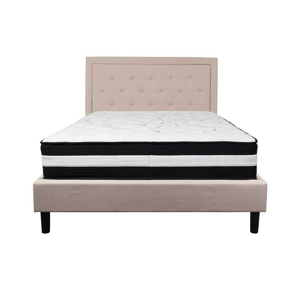 Roxbury Queen Size Tufted Upholstered Platform Bed in Beige Fabric with Pocket Spring Mattress