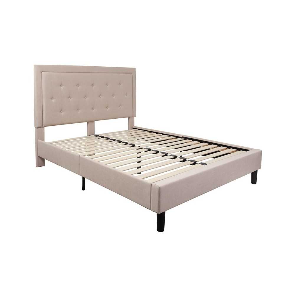 Roxbury Queen Size Tufted Upholstered Platform Bed in Beige Fabric