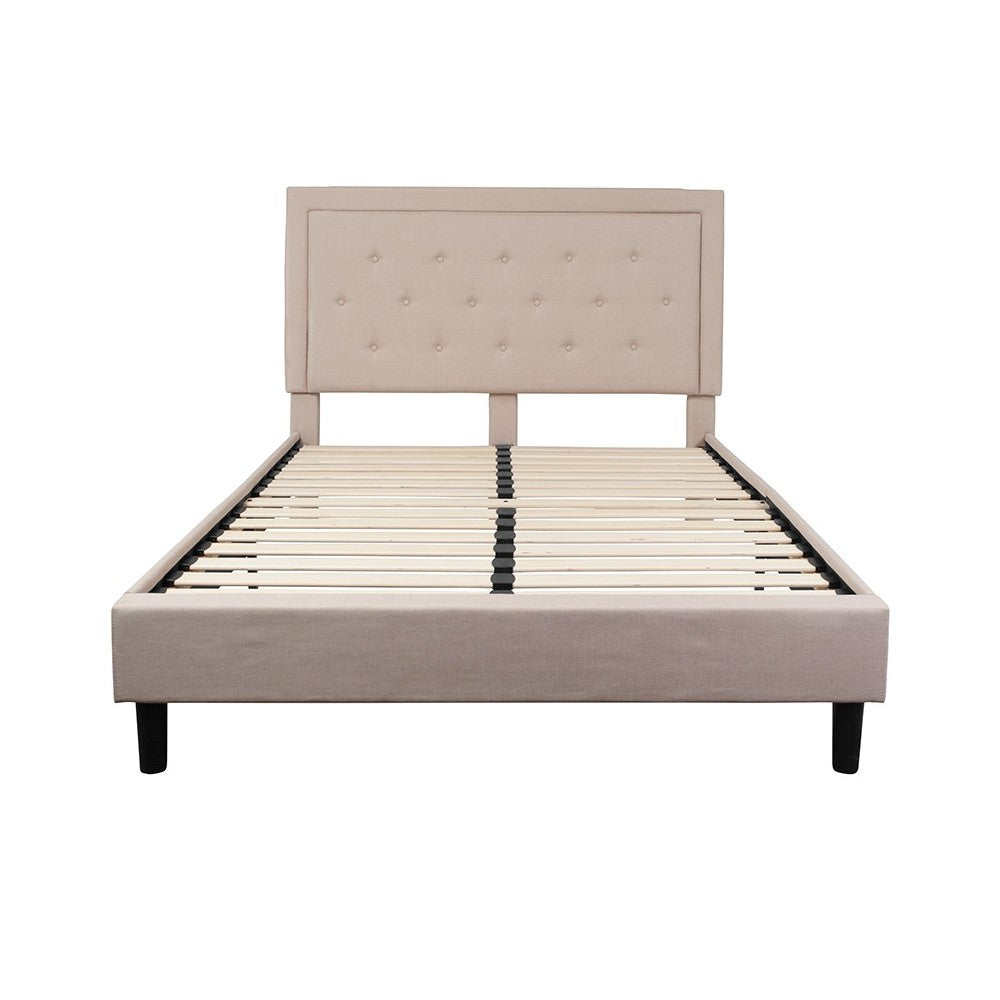 Roxbury Queen Size Tufted Upholstered Platform Bed in Beige Fabric
