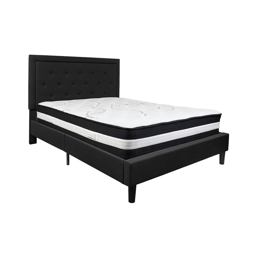 Roxbury Queen Size Tufted Upholstered Platform Bed in Black Fabric with Pocket Spring Mattress