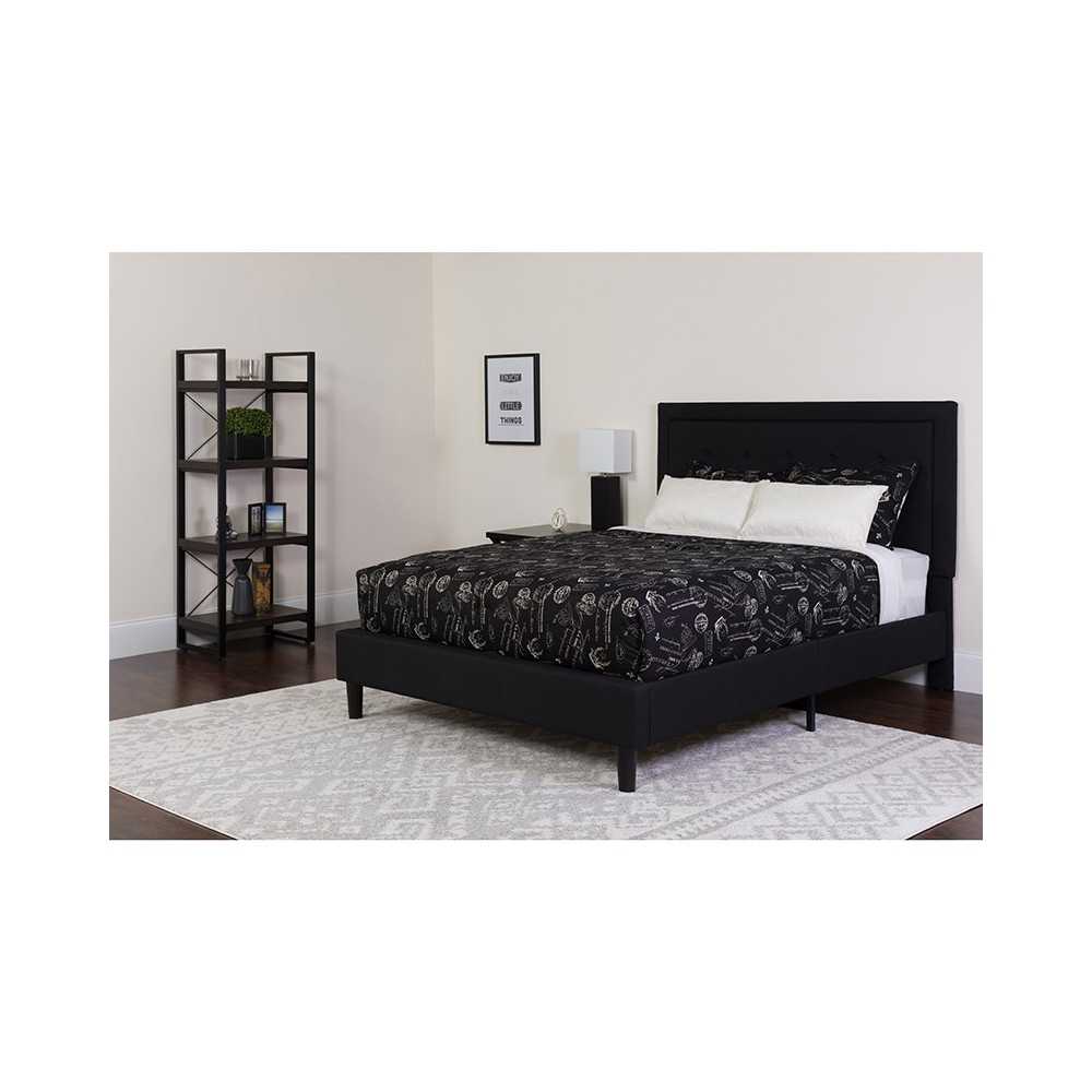 Roxbury Queen Size Tufted Upholstered Platform Bed in Black Fabric with Pocket Spring Mattress
