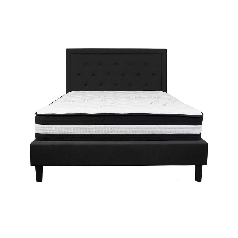 Roxbury Queen Size Tufted Upholstered Platform Bed in Black Fabric with Pocket Spring Mattress