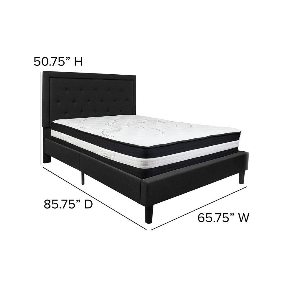 Roxbury Queen Size Tufted Upholstered Platform Bed in Black Fabric with Pocket Spring Mattress