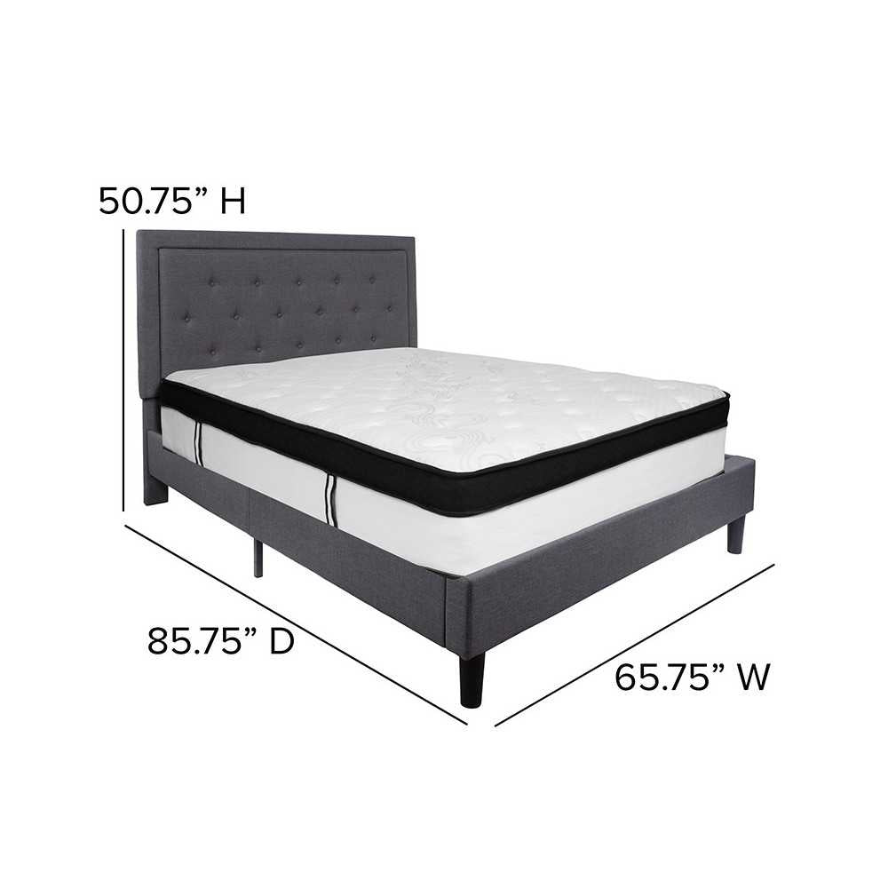 Roxbury Queen Size Tufted Upholstered Platform Bed in Dark Gray Fabric with Memory Foam Mattress