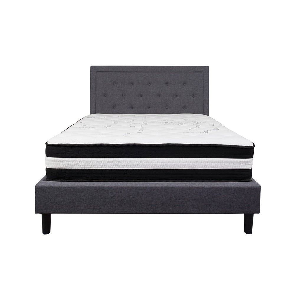 Roxbury Queen Size Tufted Upholstered Platform Bed in Dark Gray Fabric with Memory Foam Mattress