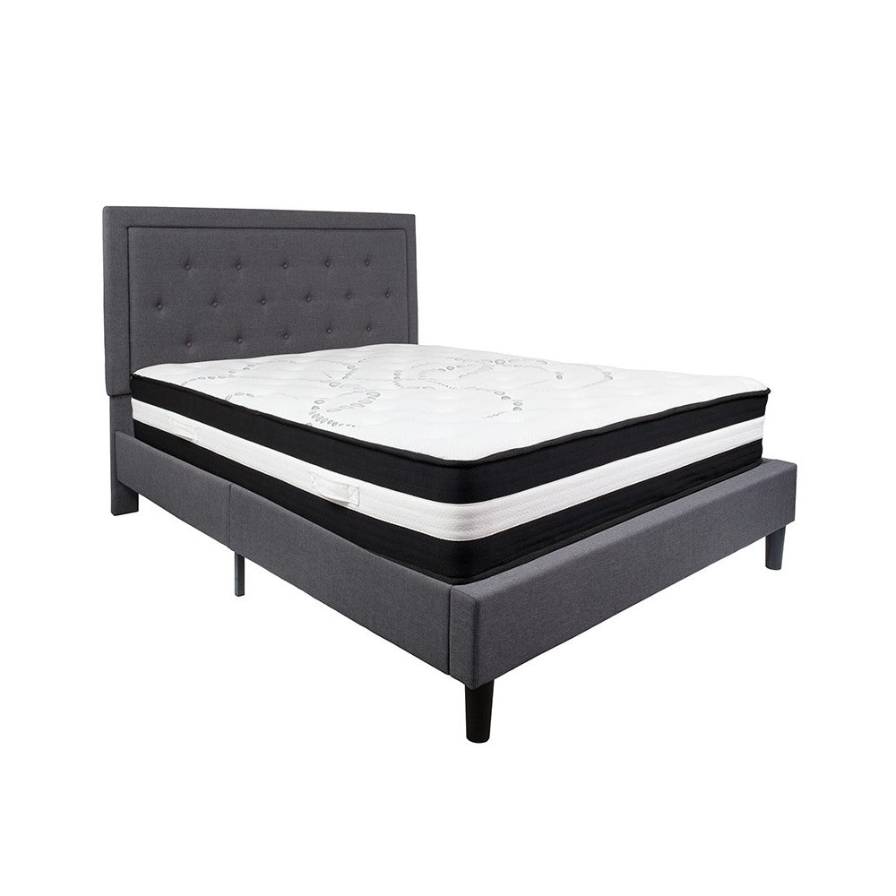 Roxbury Queen Size Tufted Upholstered Platform Bed in Dark Gray Fabric with Pocket Spring Mattress