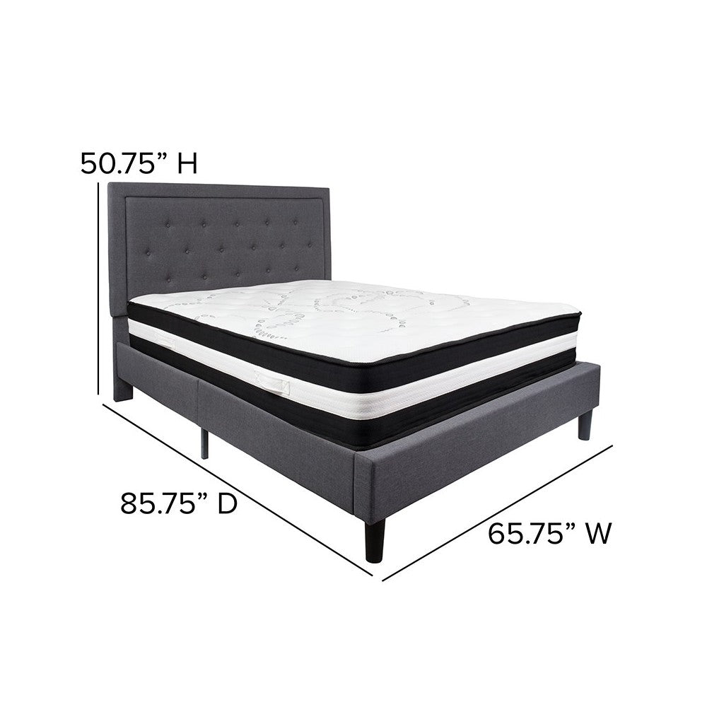 Roxbury Queen Size Tufted Upholstered Platform Bed in Dark Gray Fabric with Pocket Spring Mattress