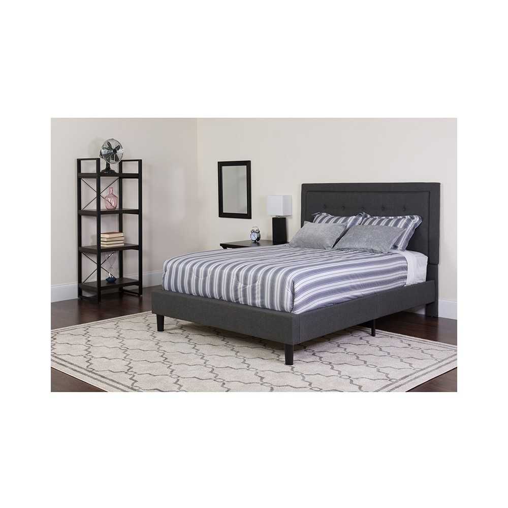 Roxbury Queen Size Tufted Upholstered Platform Bed in Dark Gray Fabric with Pocket Spring Mattress