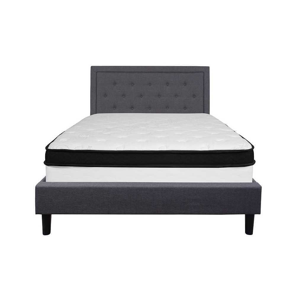 Roxbury Queen Size Tufted Upholstered Platform Bed in Dark Gray Fabric with Pocket Spring Mattress