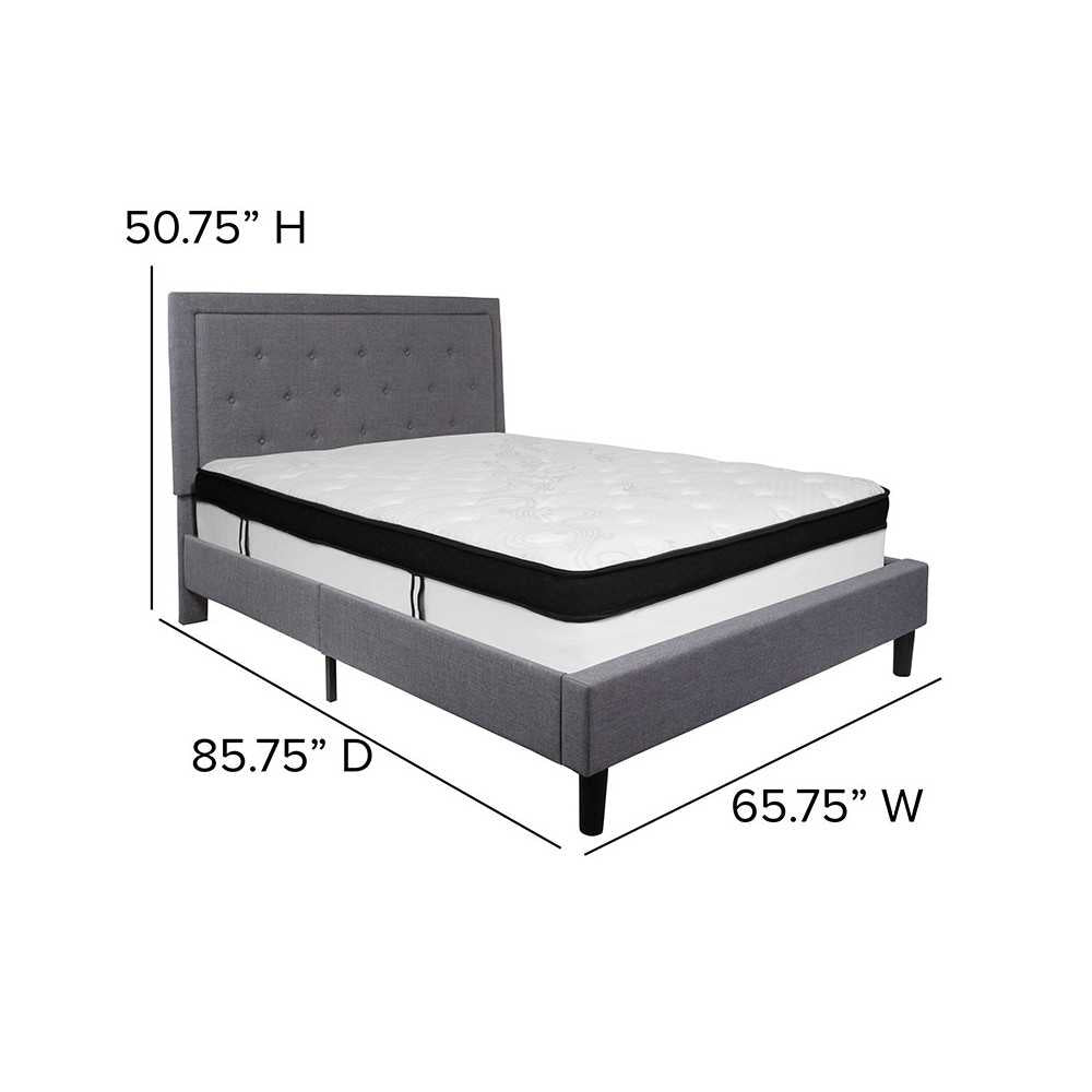 Roxbury Queen Size Tufted Upholstered Platform Bed in Light Gray Fabric with Memory Foam Mattress