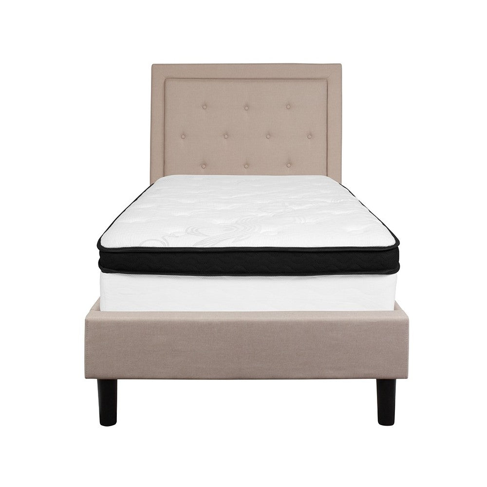 Roxbury Twin Size Tufted Upholstered Platform Bed in Beige Fabric with Memory Foam Mattress