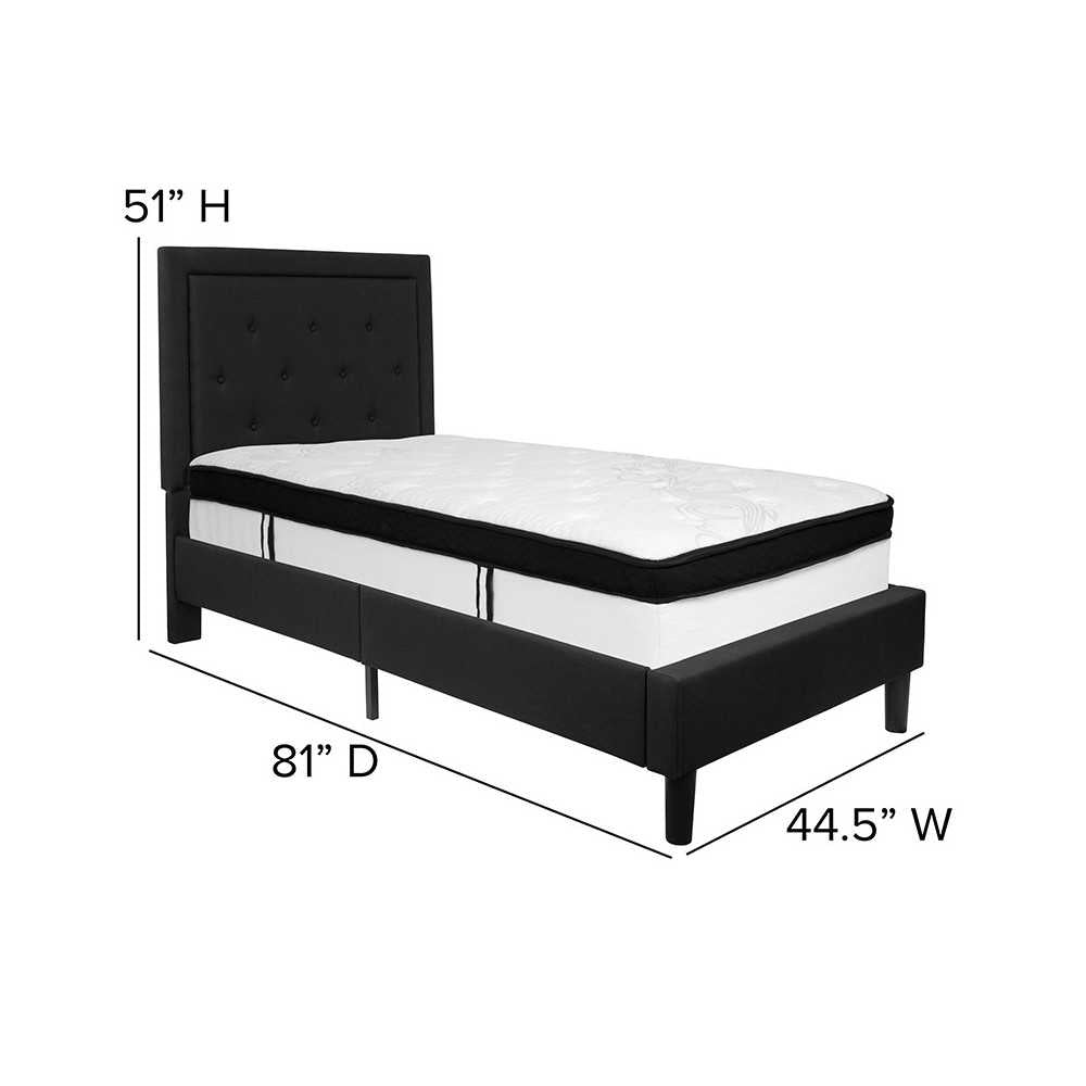 Roxbury Twin Size Tufted Upholstered Platform Bed in Black Fabric with Memory Foam Mattress