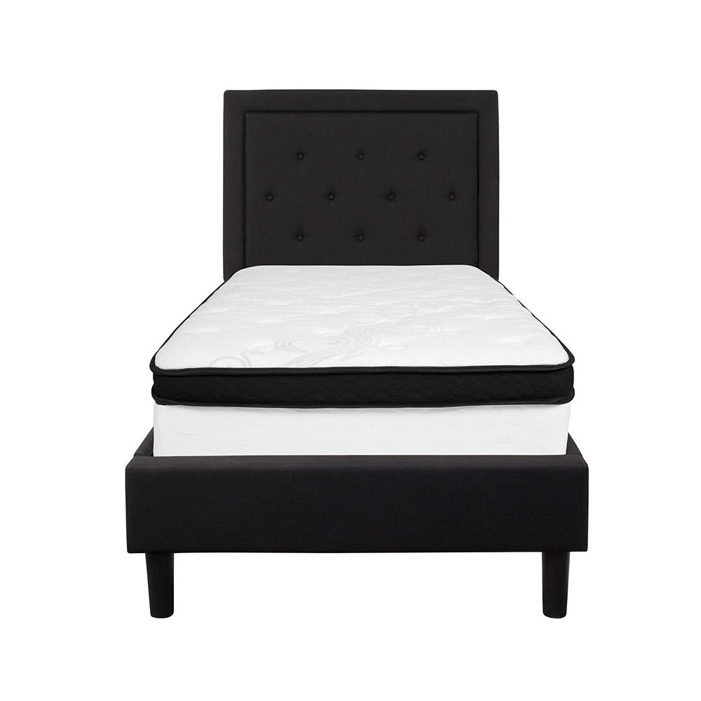 Roxbury Twin Size Tufted Upholstered Platform Bed in Black Fabric with Memory Foam Mattress