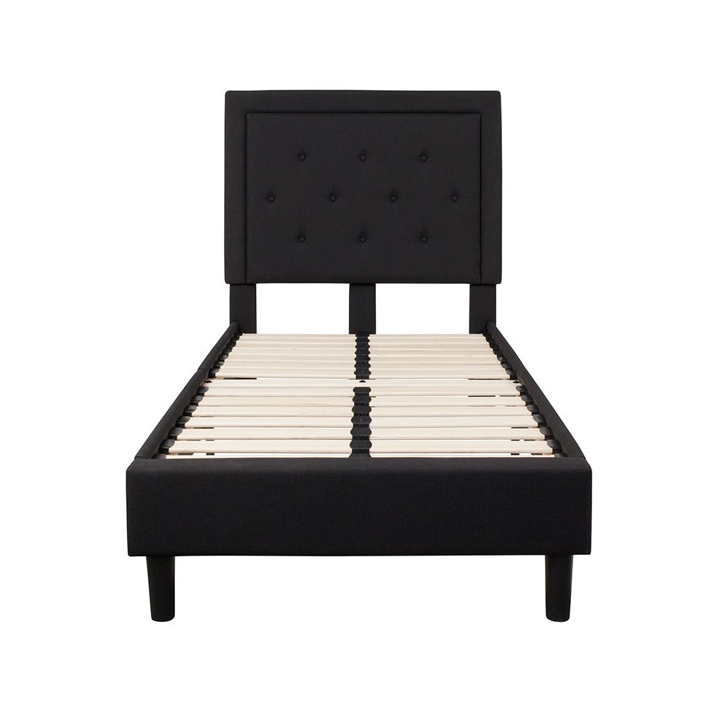 Roxbury Twin Size Tufted Upholstered Platform Bed in Black Fabric