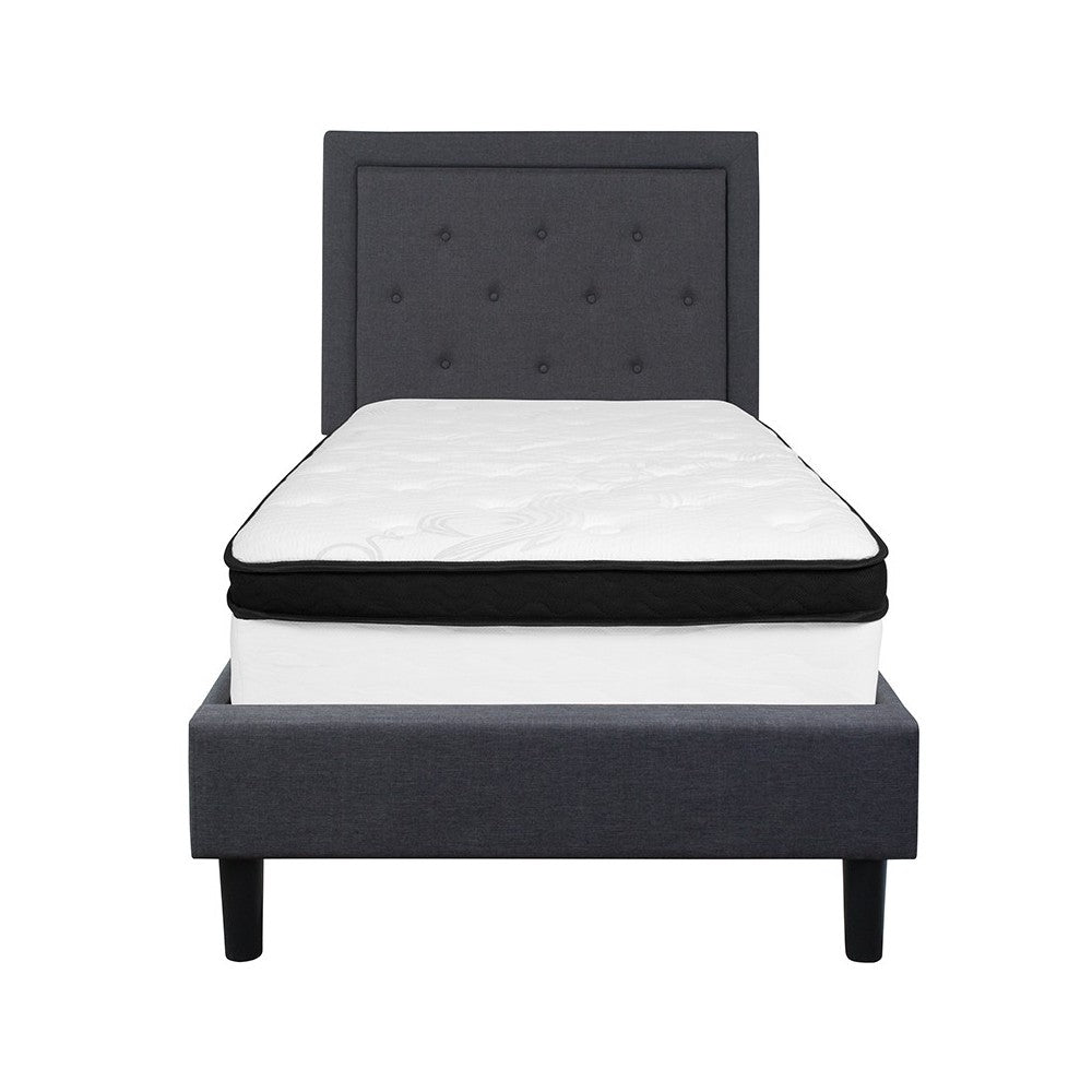 Roxbury Twin Size Tufted Upholstered Platform Bed in Dark Gray Fabric with Memory Foam Mattress