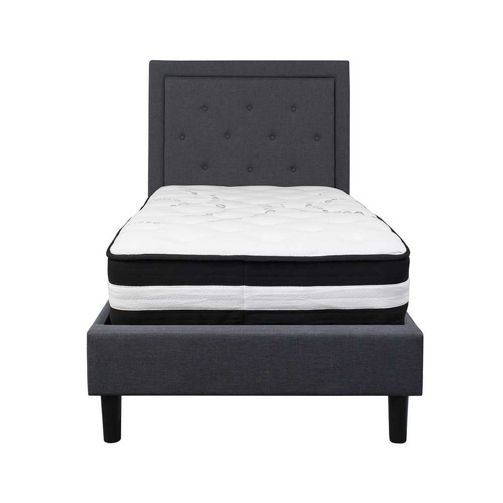 Roxbury Twin Size Tufted Upholstered Platform Bed in Dark Gray Fabric with Pocket Spring Mattress