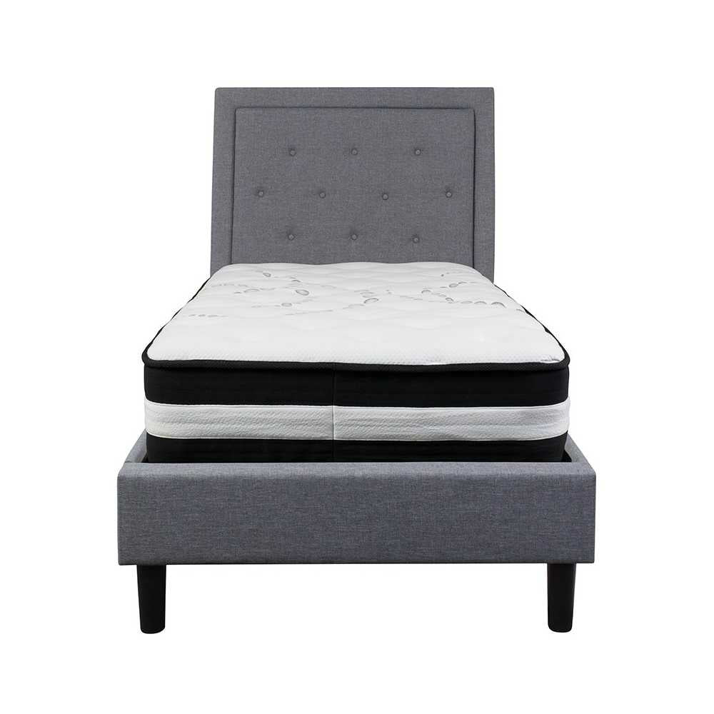 Roxbury Twin Size Tufted Upholstered Platform Bed in Light Gray Fabric with Pocket Spring Mattress