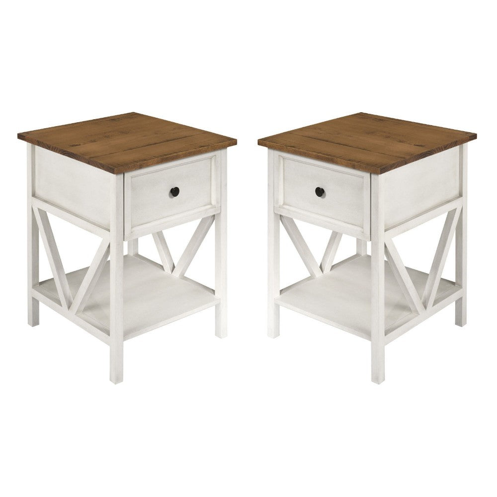 Rustic V-Frame Side Table Set - White Wash/Rustic Oak