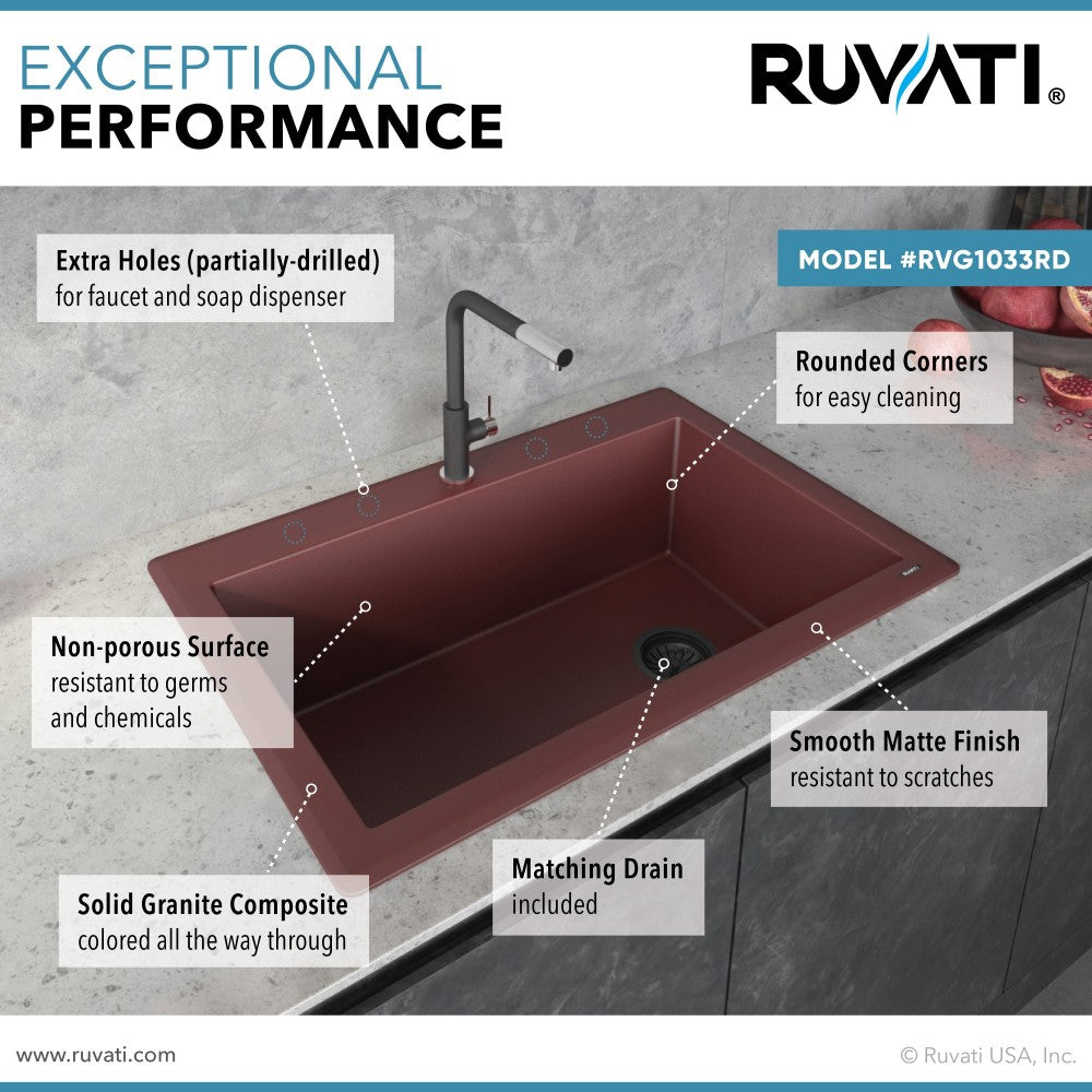 Ruvati 33 x 22 inch Topmount Granite Composite Kitchen Sink - Carnelian Red