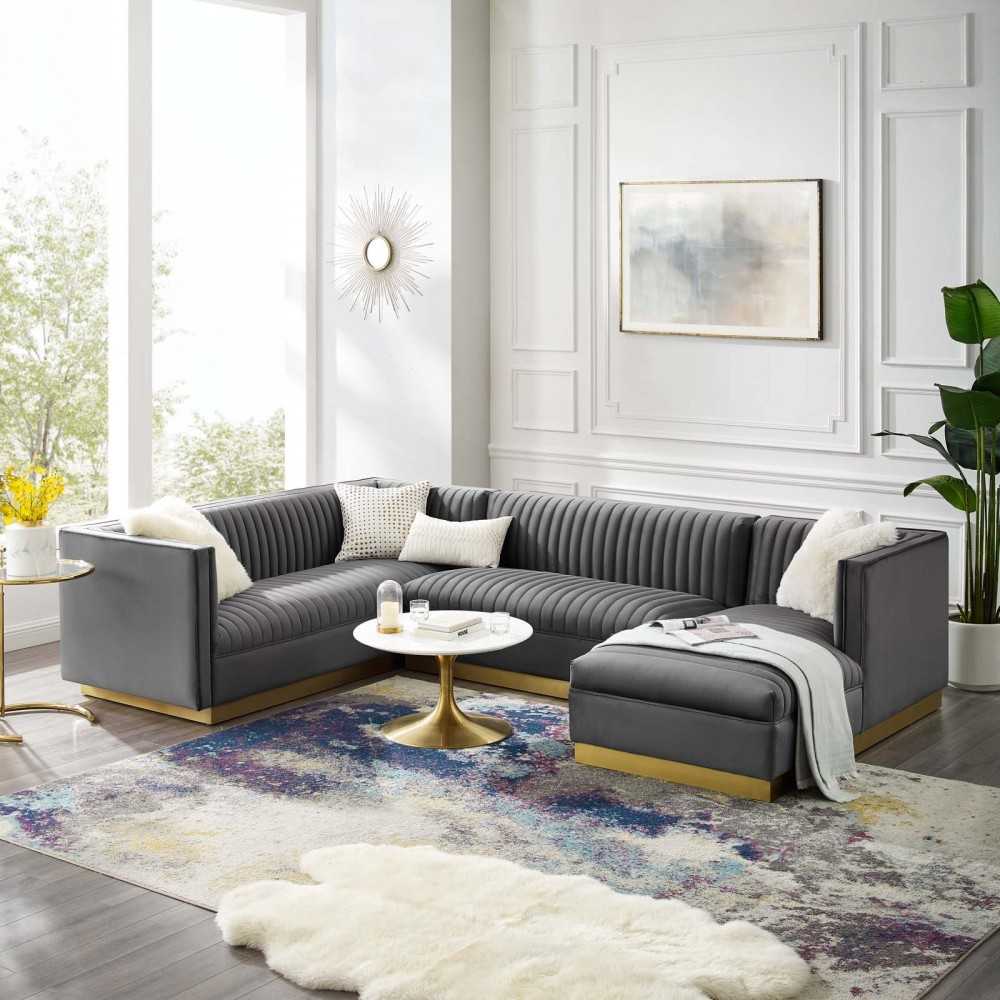 Sanguine 3 Piece Performance Velvet Sectional Sofa Set, Gray