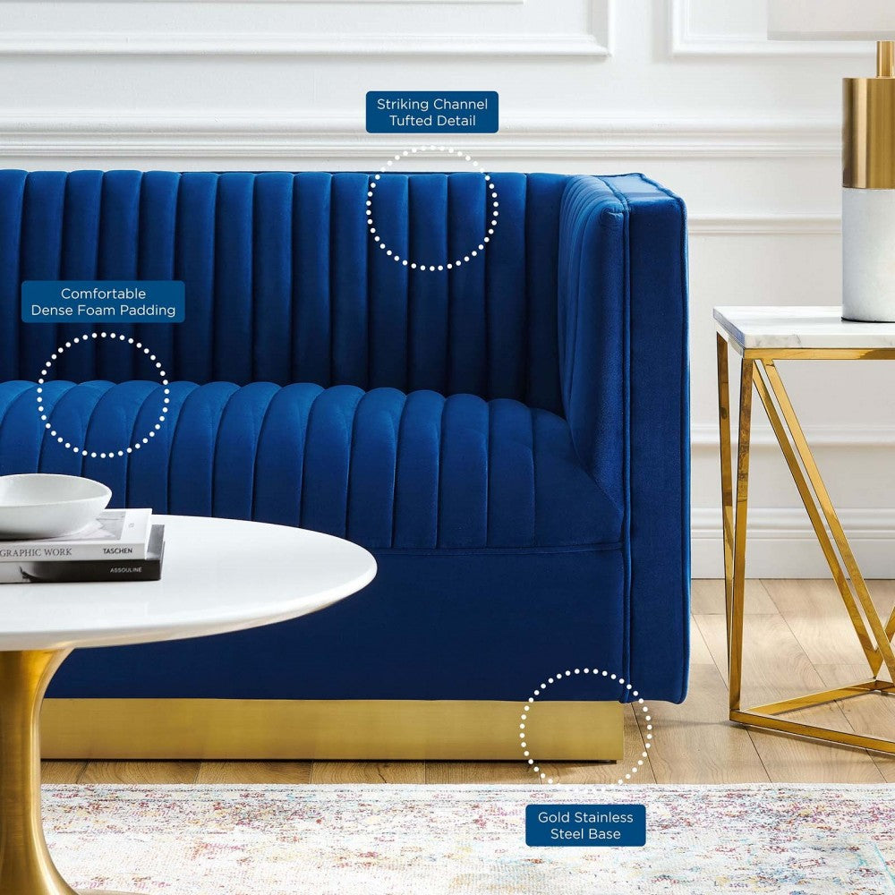 Sanguine Vertical Channel Tufted Performance Velvet Loveseat, Navy