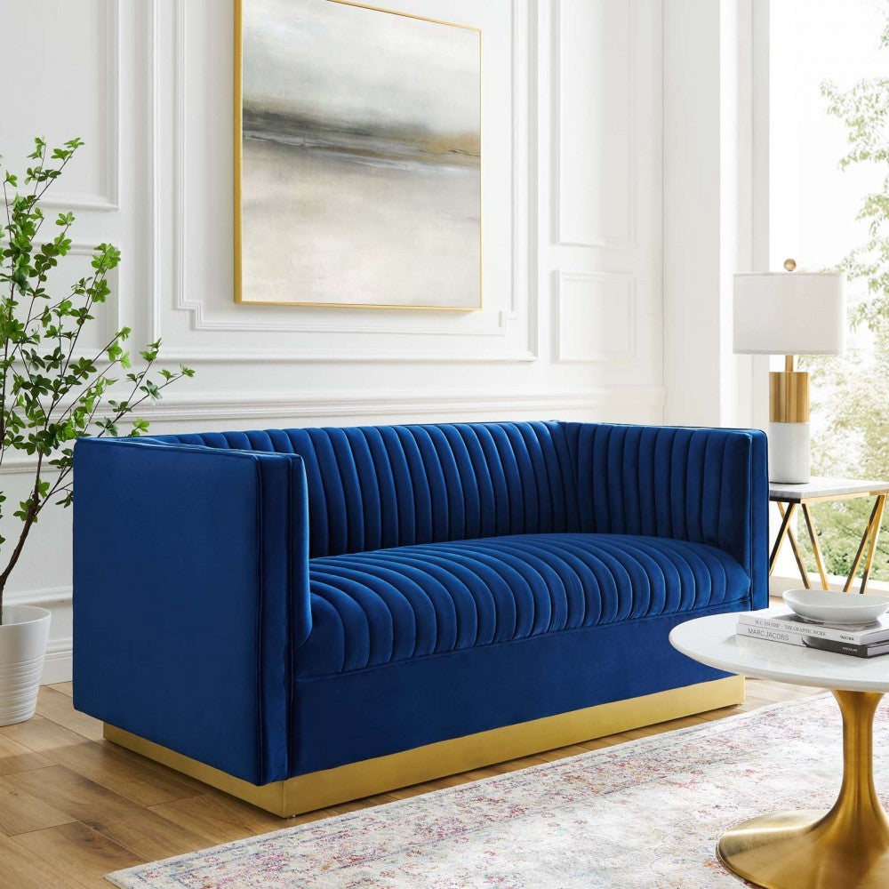 Sanguine Vertical Channel Tufted Performance Velvet Loveseat, Navy