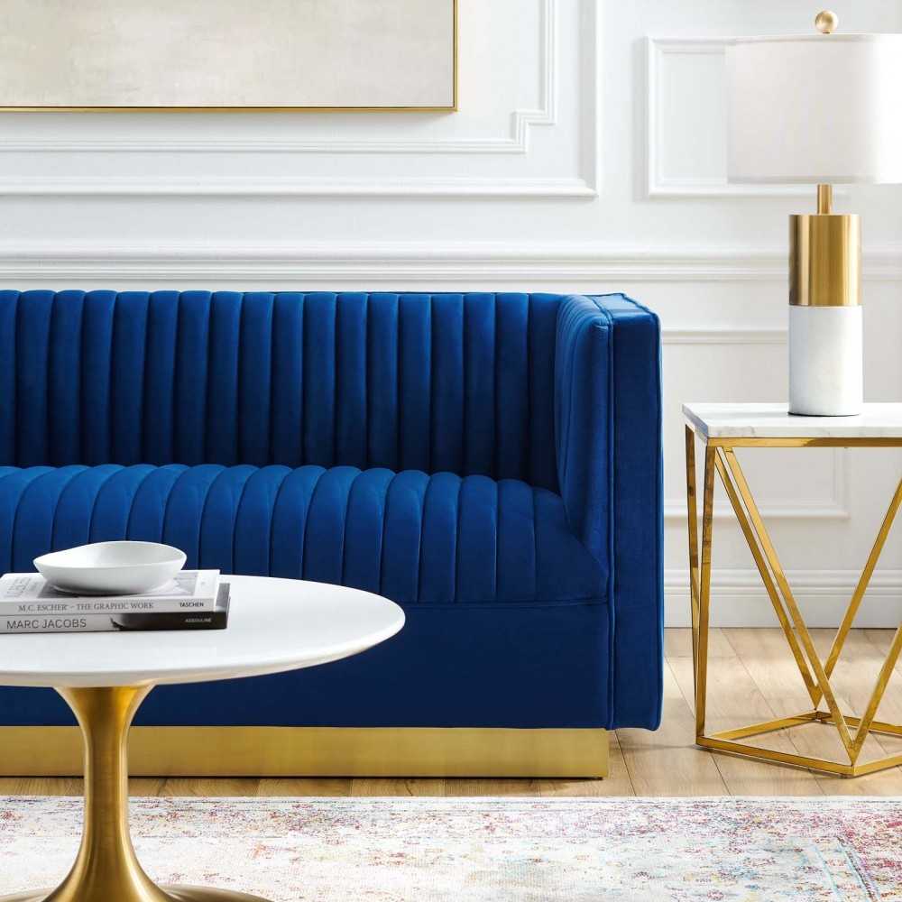 Sanguine Vertical Channel Tufted Performance Velvet Loveseat, Navy