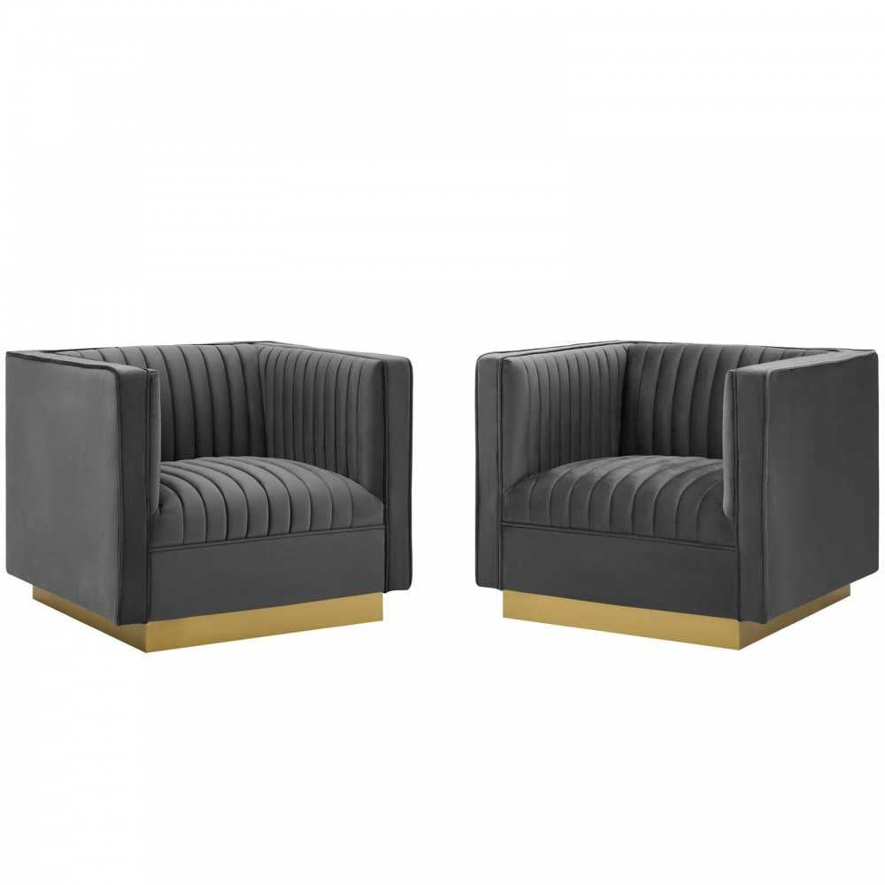 Sanguine Vertical Channel Tufted Upholstered Performance Velvet Armchair Set of 2, Gray