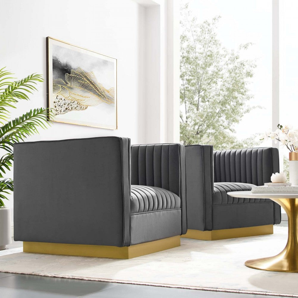 Sanguine Vertical Channel Tufted Upholstered Performance Velvet Armchair Set of 2, Gray