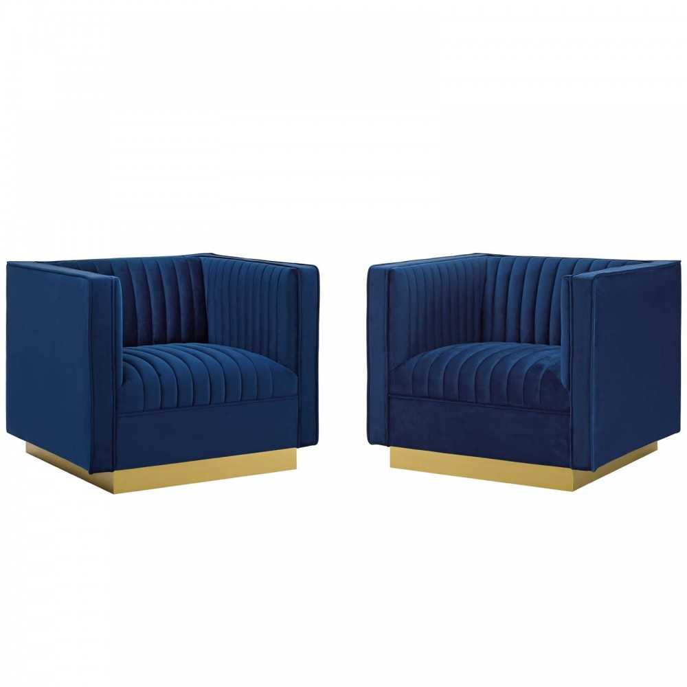 Sanguine Vertical Channel Tufted Upholstered Performance Velvet Armchair Set of 2, Navy