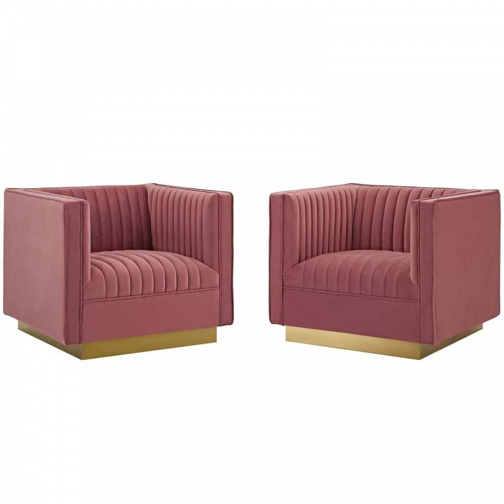 Sanguine Vertical Channel Tufted Upholstered Performance Velvet Armchair Set of 2, Dusty Rose