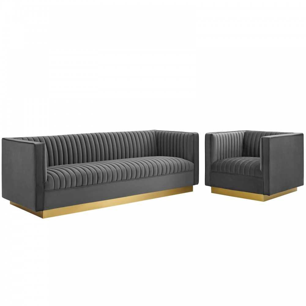 Sanguine Vertical Channel Tufted Upholstered Performance Velvet Sofa and Armchair Set, Gray