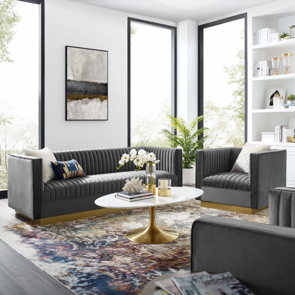 Sanguine Vertical Channel Tufted Upholstered Performance Velvet Sofa and Armchair Set, Gray
