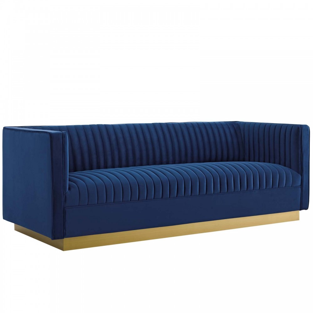 Sanguine Vertical Channel Tufted Upholstered Performance Velvet Sofa and Armchair Set, Navy