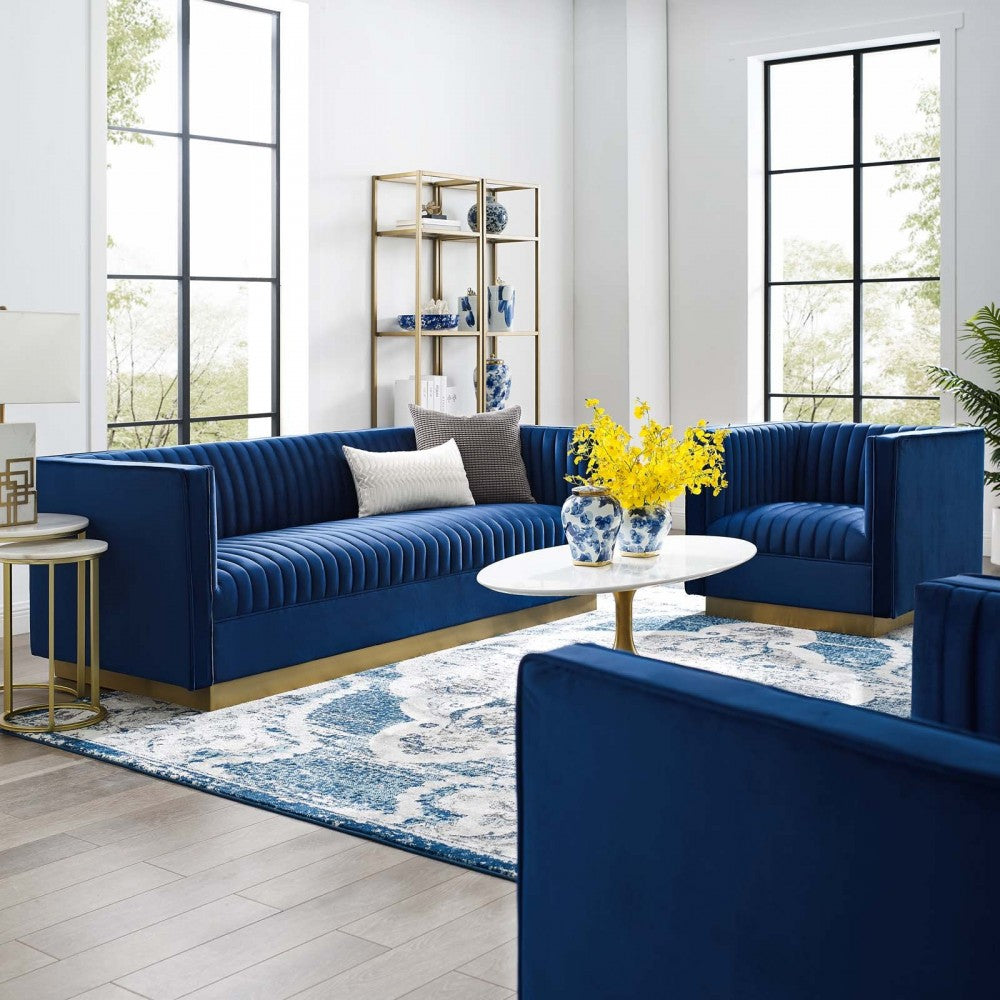 Sanguine Vertical Channel Tufted Upholstered Performance Velvet Sofa and Armchair Set, Navy