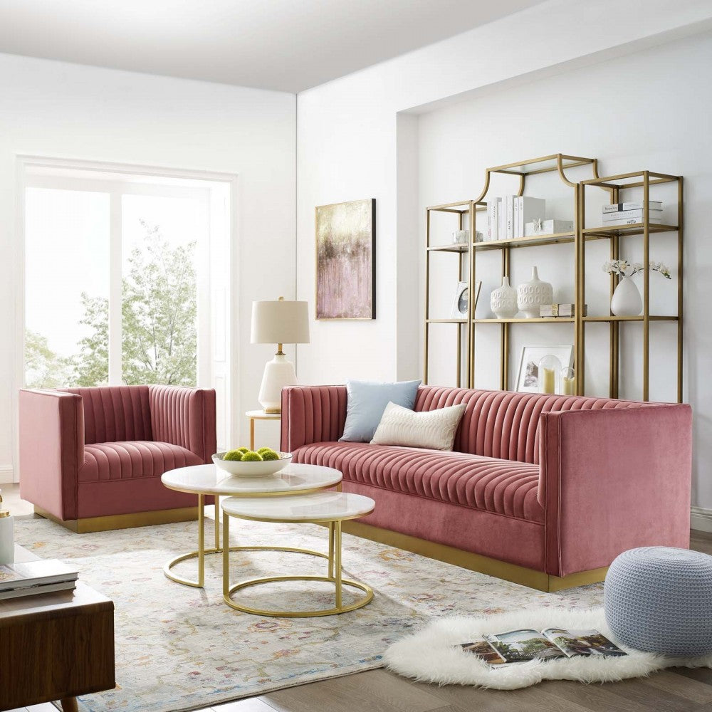 Sanguine Vertical Channel Tufted Upholstered Performance Velvet Sofa and Armchair Set, Dusty Rose
