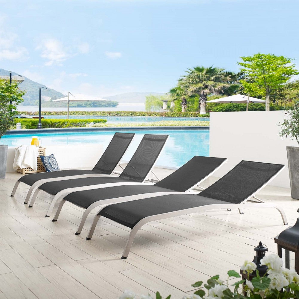 Savannah Outdoor Patio Mesh Chaise Lounge Set of 4, Black