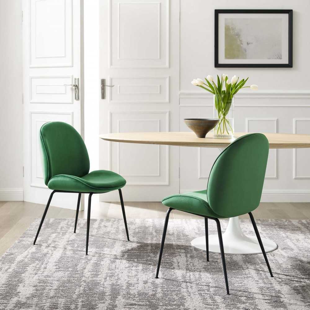 Scoop Black Powder Coated Steel Leg Performance Velvet Dining Chairs - Set of 2, Emerald
