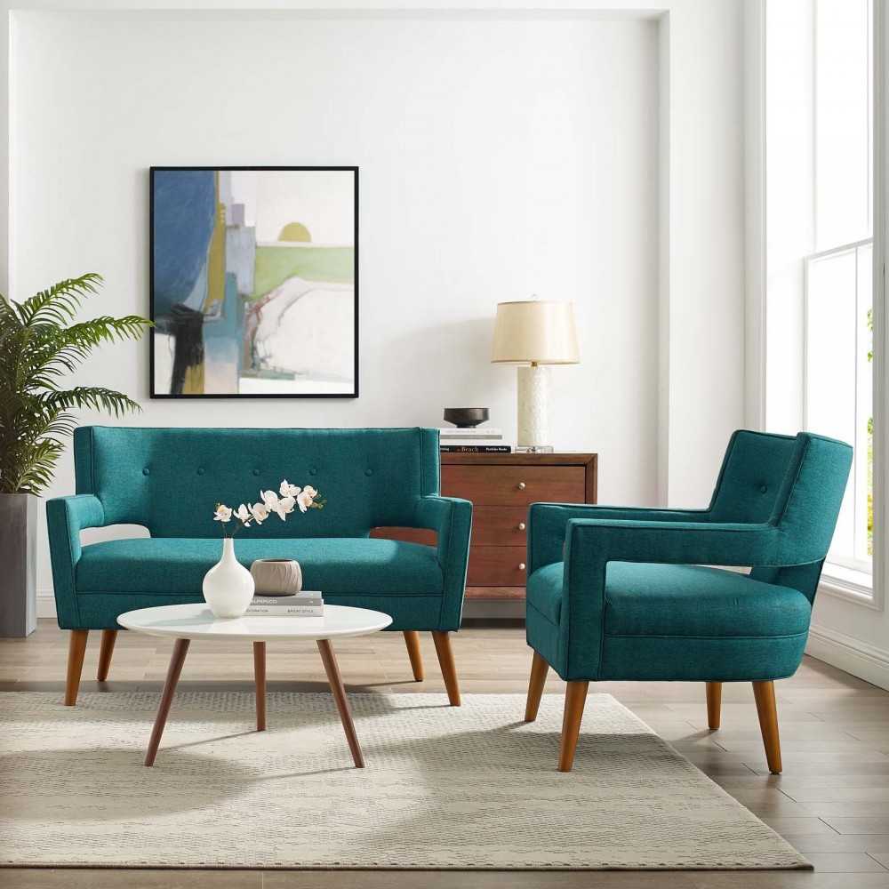 Sheer Upholstered Fabric Loveseat and Armchair Set, Teal